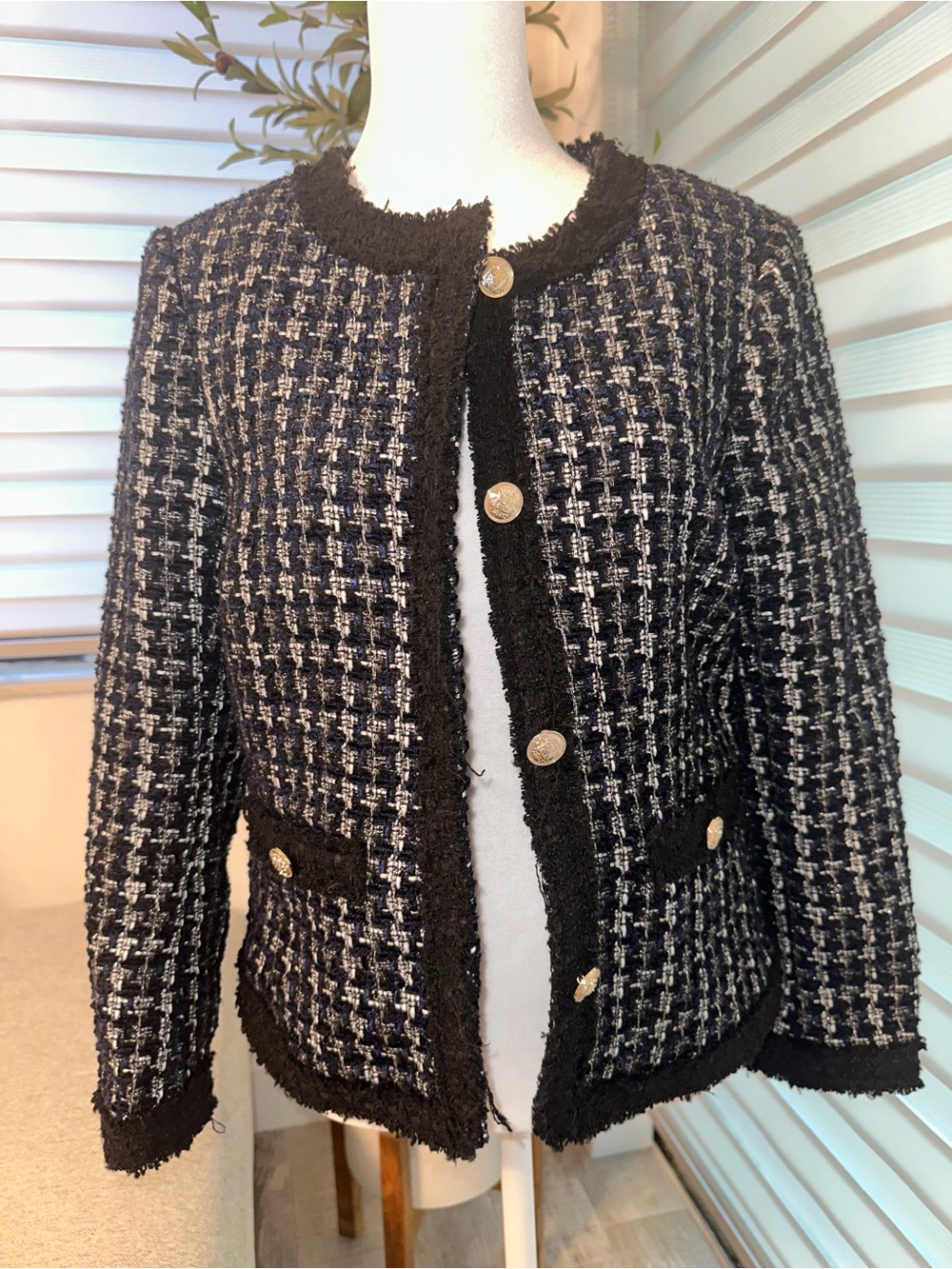 H&M Navy & Black Bouclé Tweed Jacket Blazer